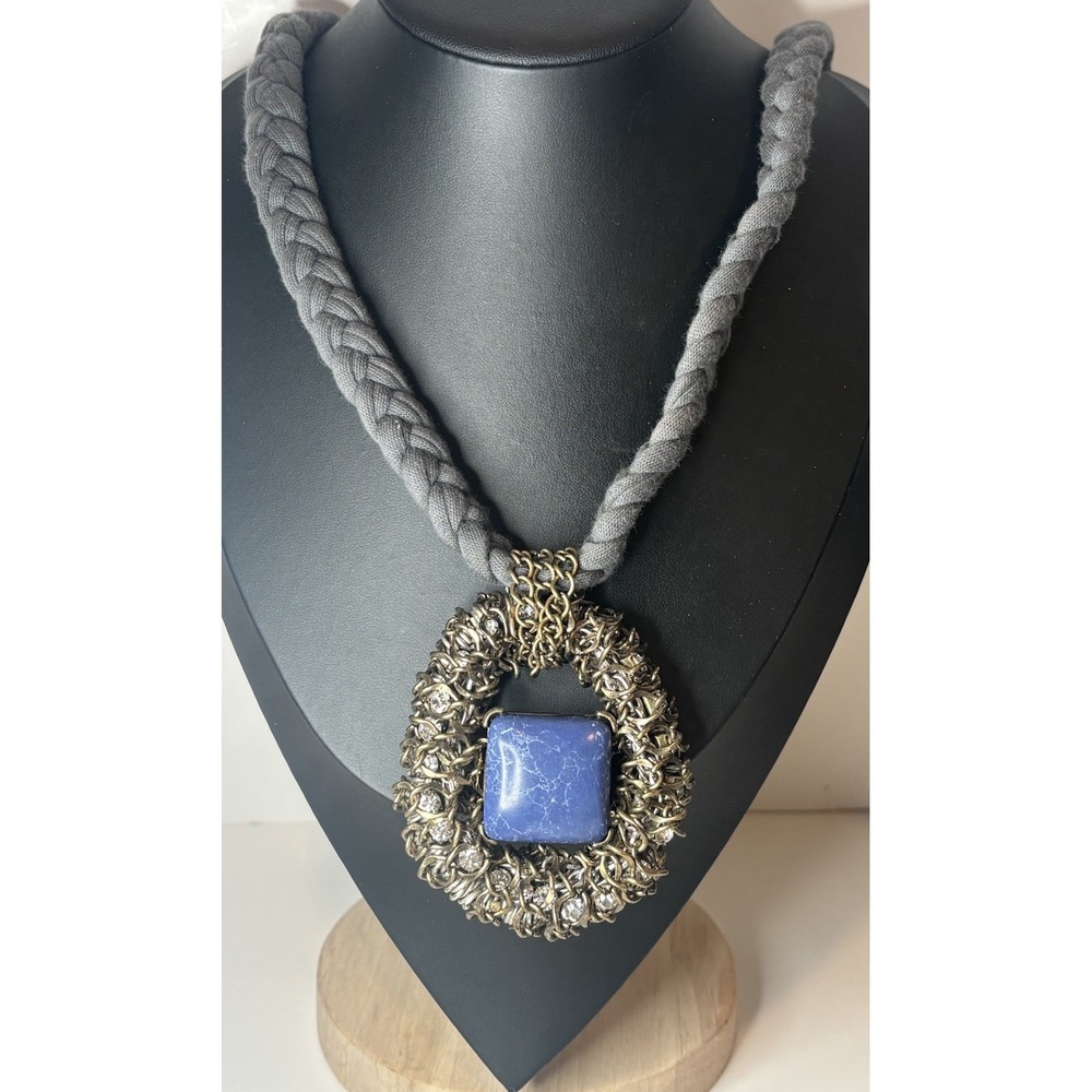 Artisan Statement Necklace Blue Glass Cabochon Rhinestone Pendant Boho